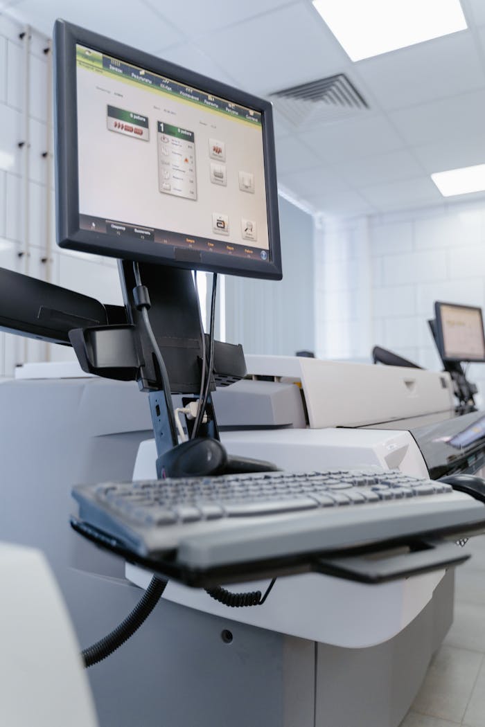 Close-up of a computer setup in a laboratory environment with technical equipment.