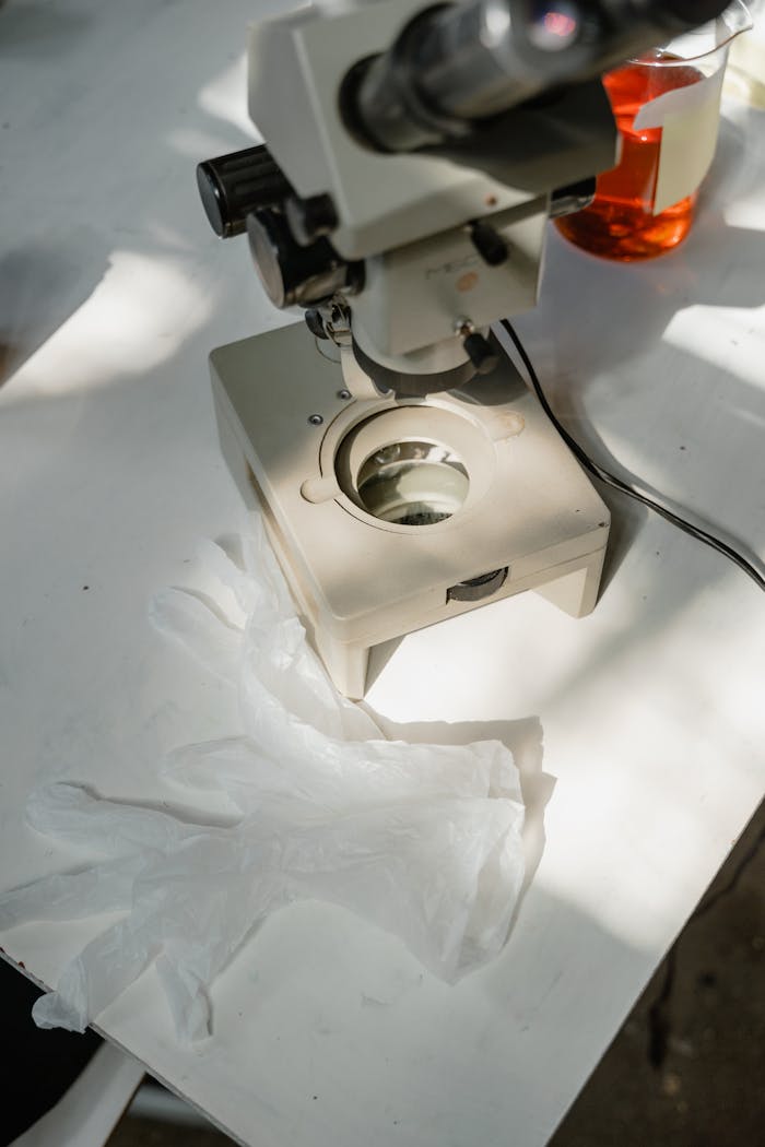 A microscope on a lab table with latex gloves, ideal for scientific research themes.